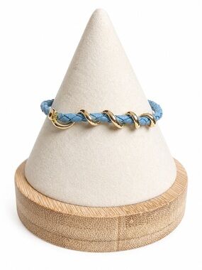 Blue Braided Leather Bracelet Gold Tone Coil Accents Coastal Boho Statement